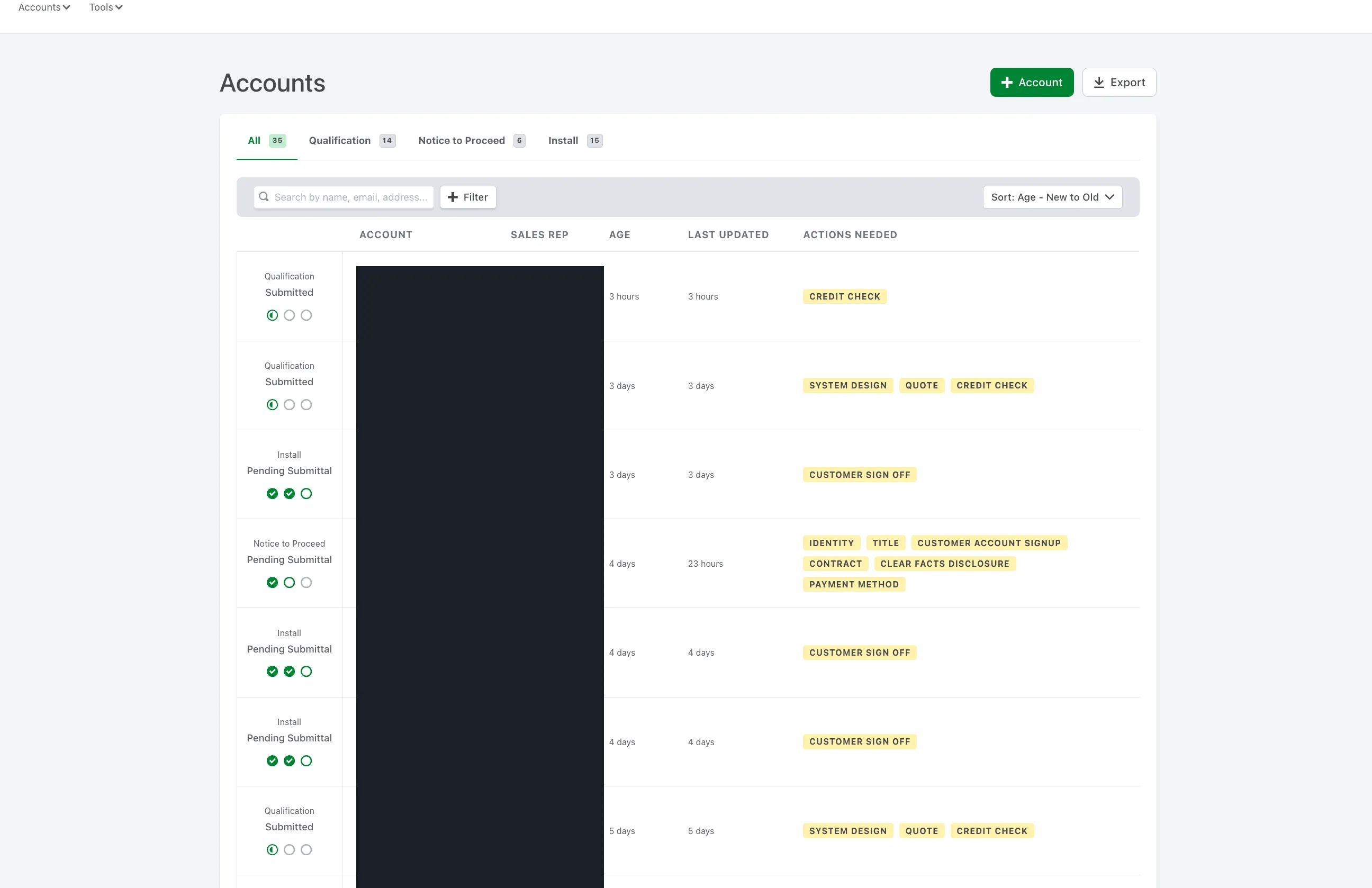 Palmetto Accounts list showing tabs for All, Qualification, Notice to Proceed, and Install, with multiple account rows showing status and actions needed.