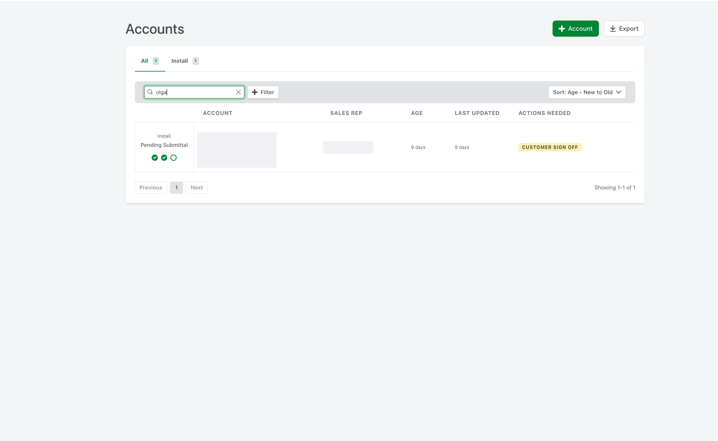 Palmetto Accounts list filtered to a single homeowner showing Install / Pending Submittal status with a Customer Sign Off action needed badge.
