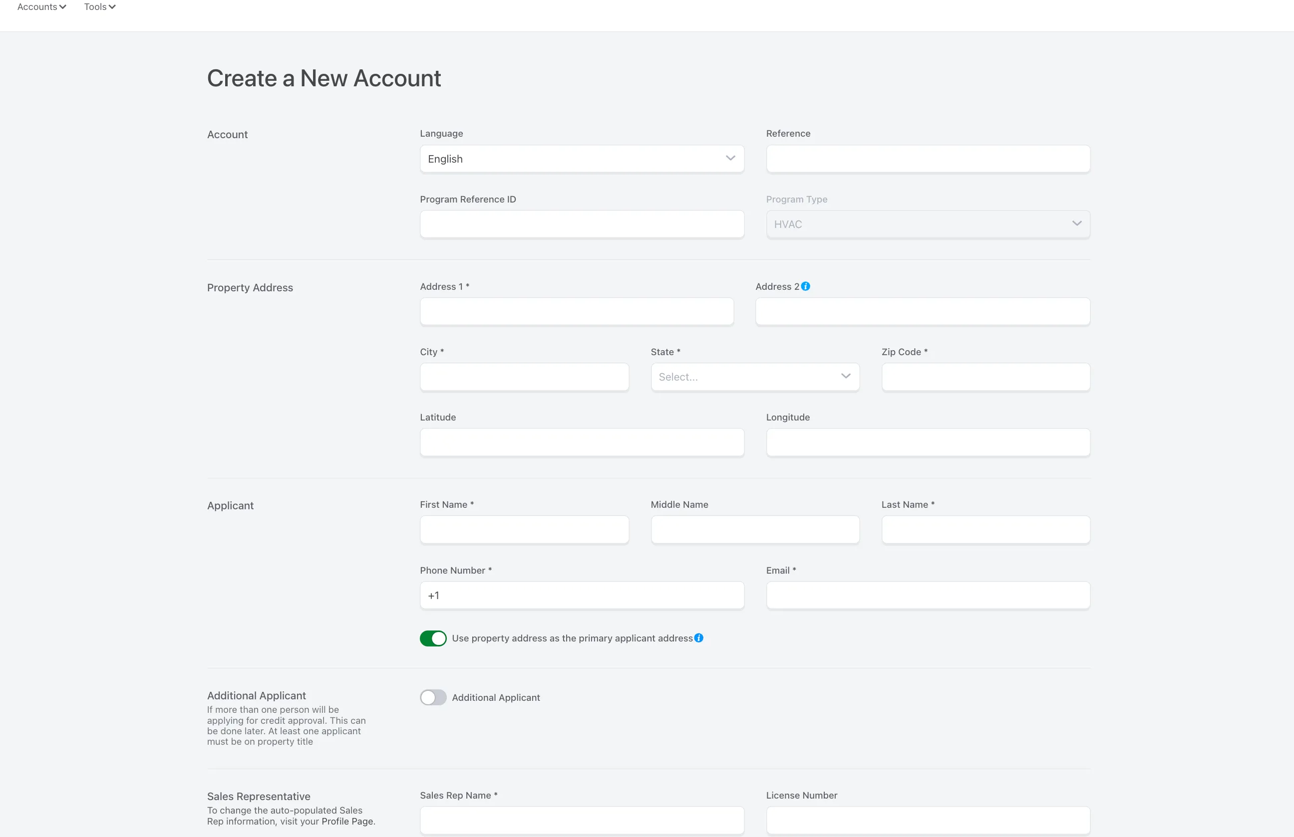 Top of the Create New Account form showing Account section (Language, Reference, Program Reference ID, Program Type) and the start of Property Address.
