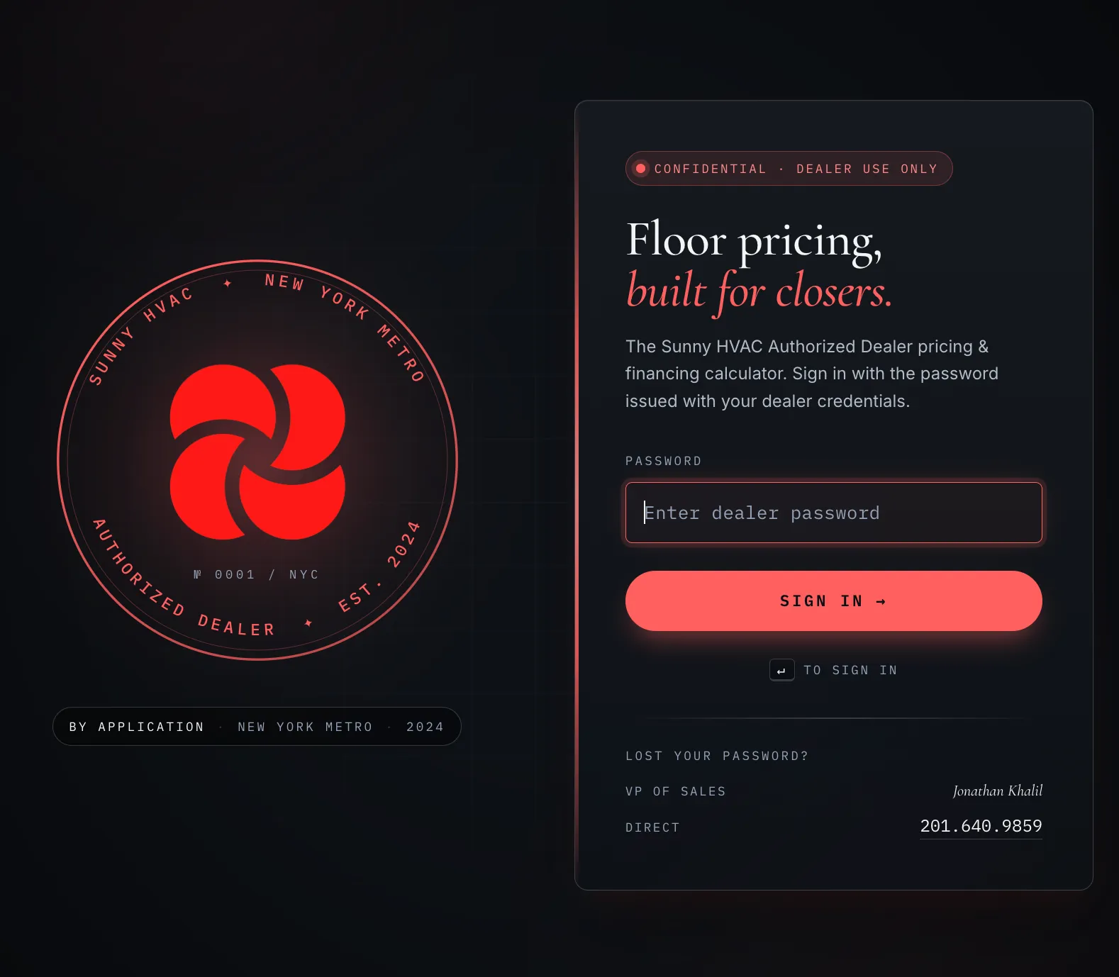 Sunny HVAC Authorized Dealer calculator login screen