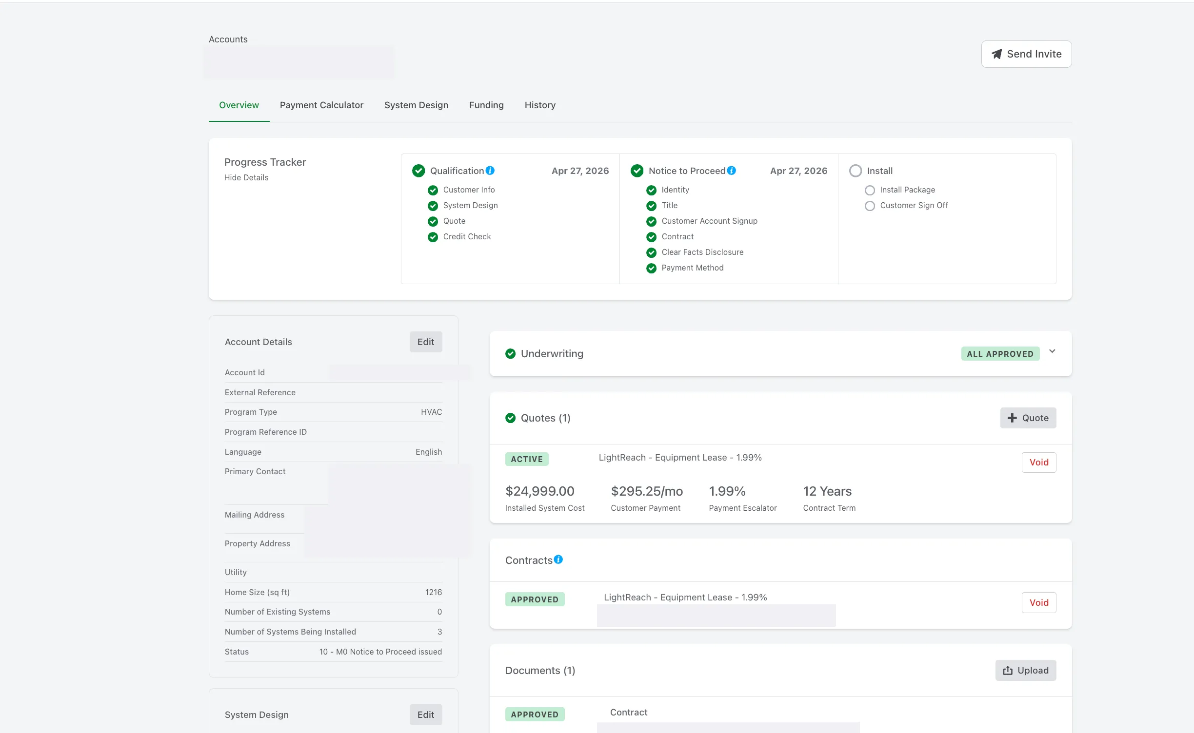 Palmetto Account Overview showing Qualification and Notice to Proceed both checked green and Install pending with Install Package and Customer Sign Off as remaining items, plus account details, system design listing, and contract block.