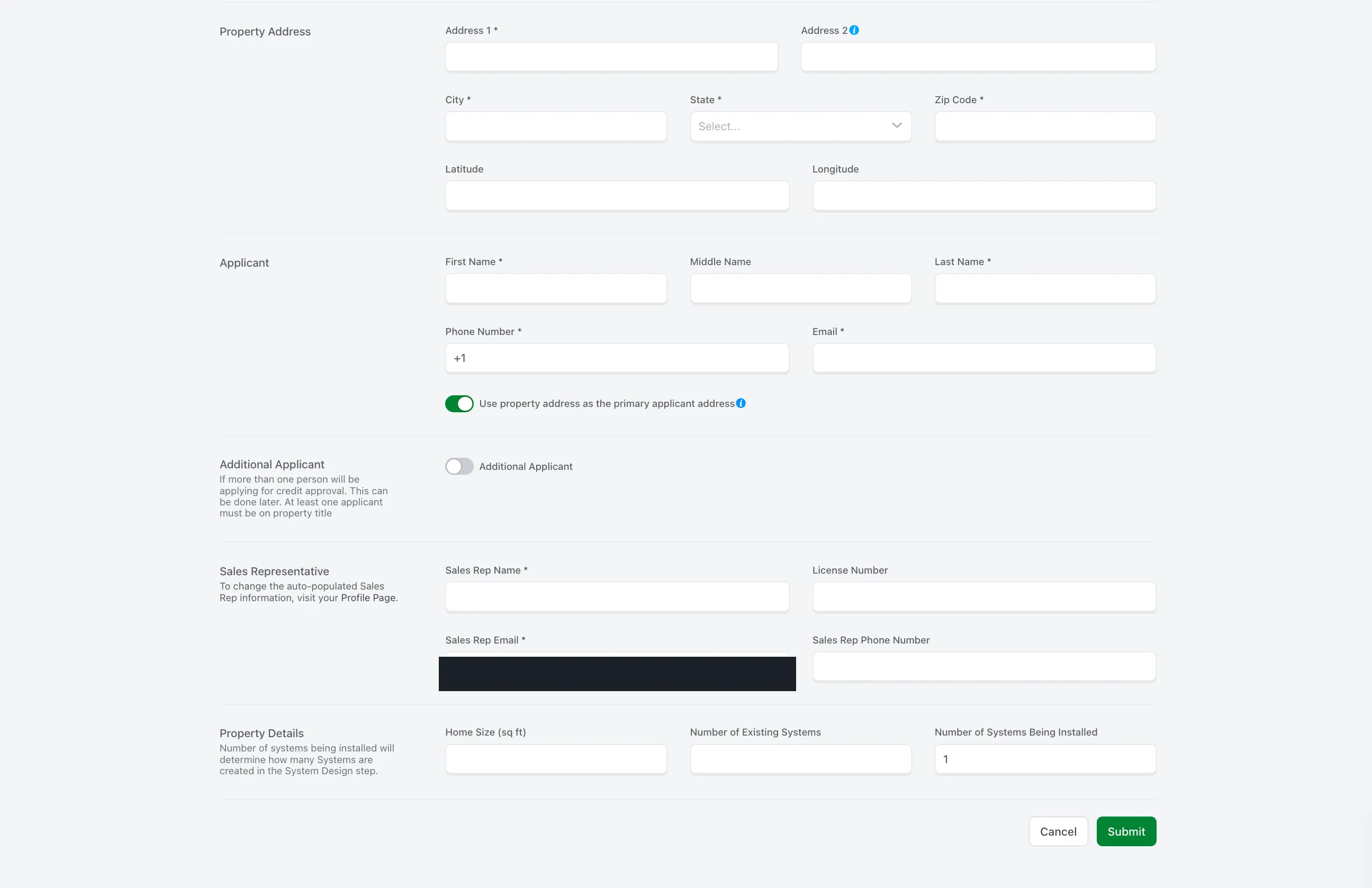 Bottom of the Create New Account form showing Applicant fields, Additional Applicant toggle, Sales Representative fields, and Property Details with Number of Systems Being Installed defaulted to 1.