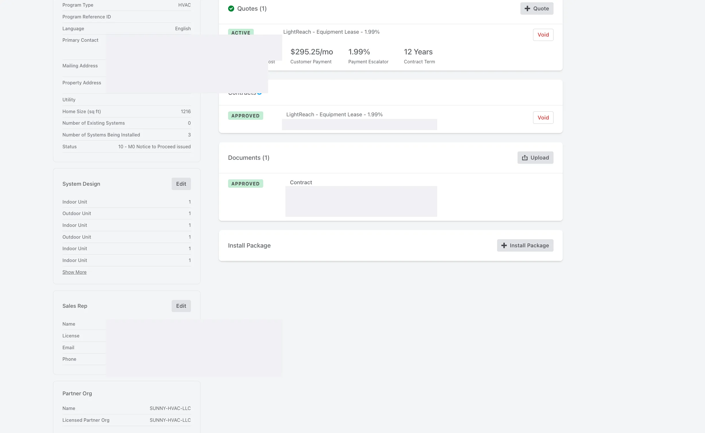 Palmetto account overview showing the System Design listing, Quotes block, approved Contract, Documents with the contract PDF, and at the bottom an Install Package row with a + Install Package button to start the submission.