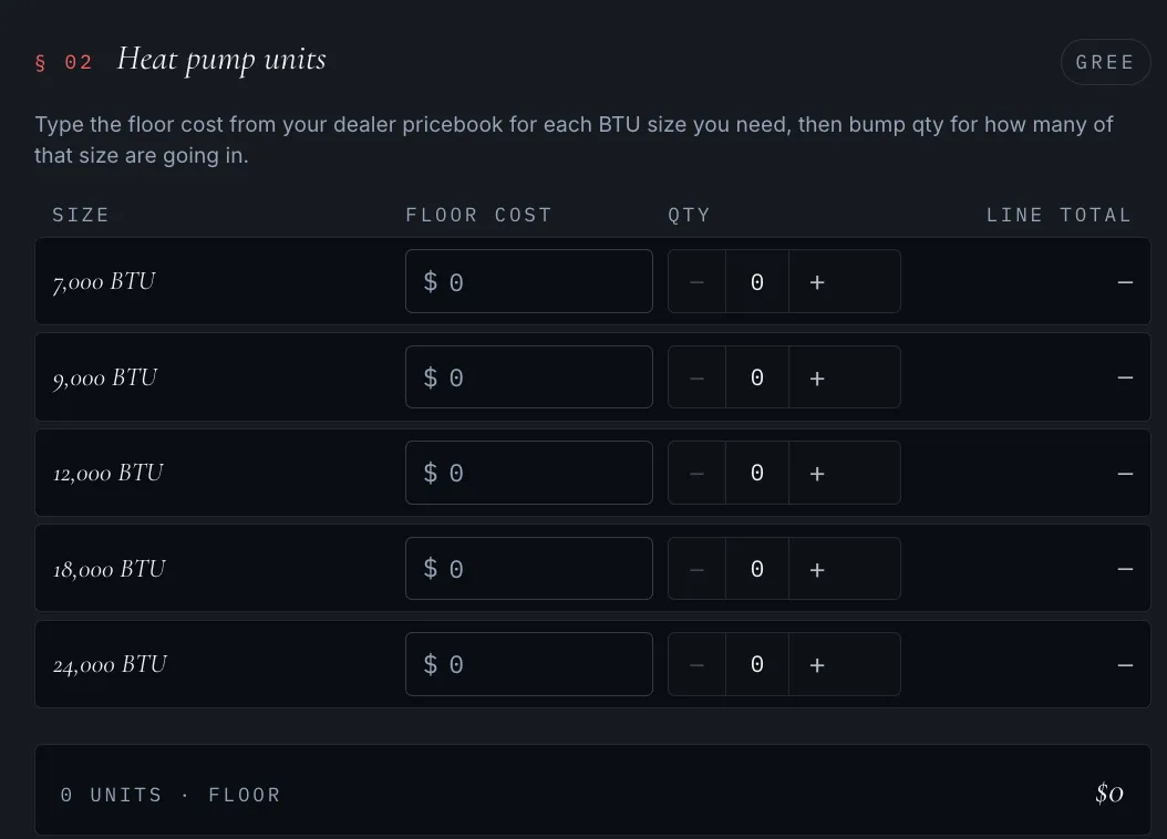 Section 02: Heat pump units — enter floor cost per BTU size and quantity