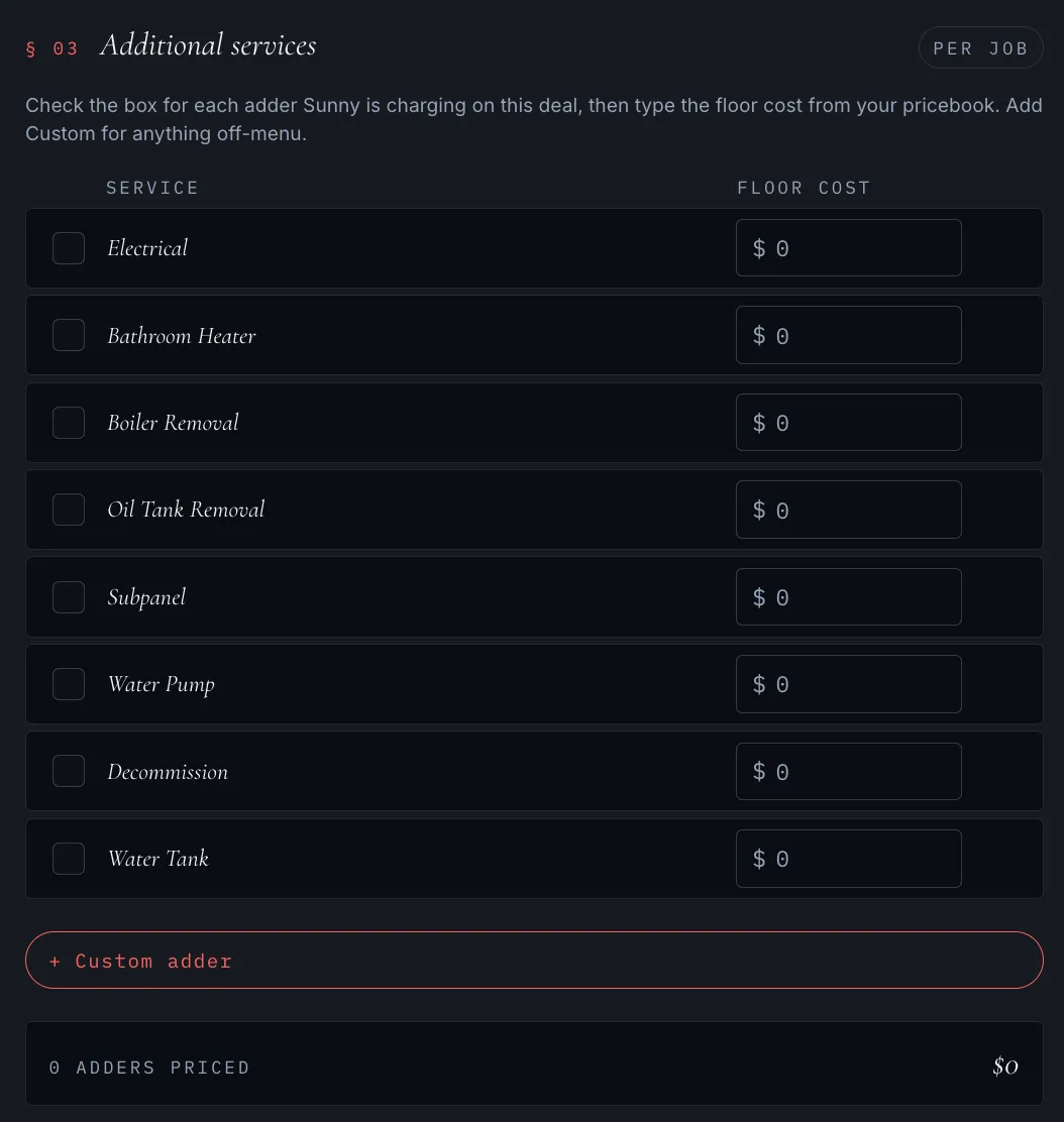 Section 03: Additional services — toggle adders and enter floor cost per item