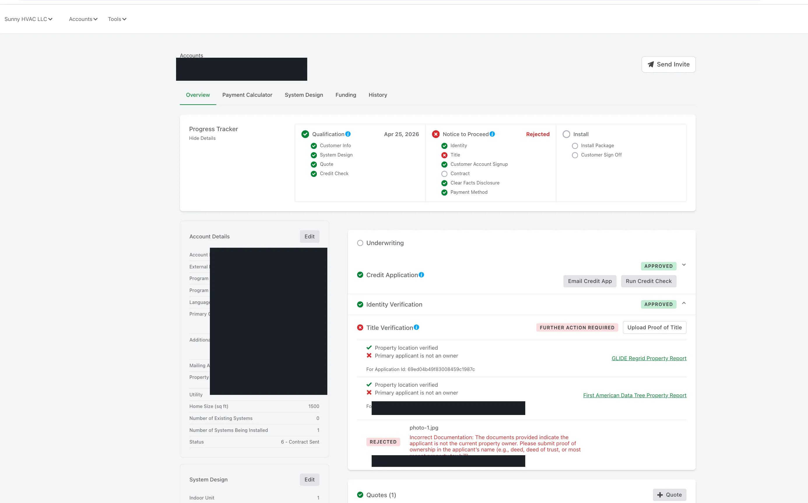 Account Overview showing Identity Verified, Credit Application Approved, but Title Verification flagged 'Further Action Required' with property data showing Primary applicant is not an owner, and a rejected document with the message 'Incorrect Documentation: applicant is not the current property owner'.