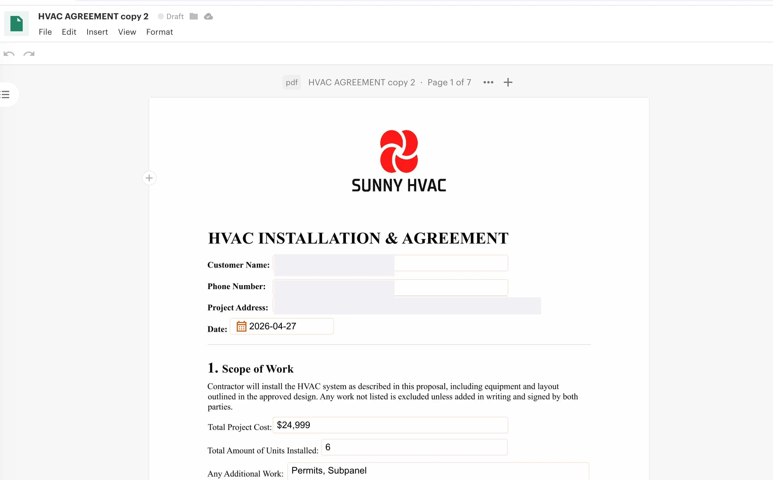 PandaDoc HVAC Installation Agreement showing the customer name, project address, date, and Total Project Cost field with a dollar amount, plus the units installed count.