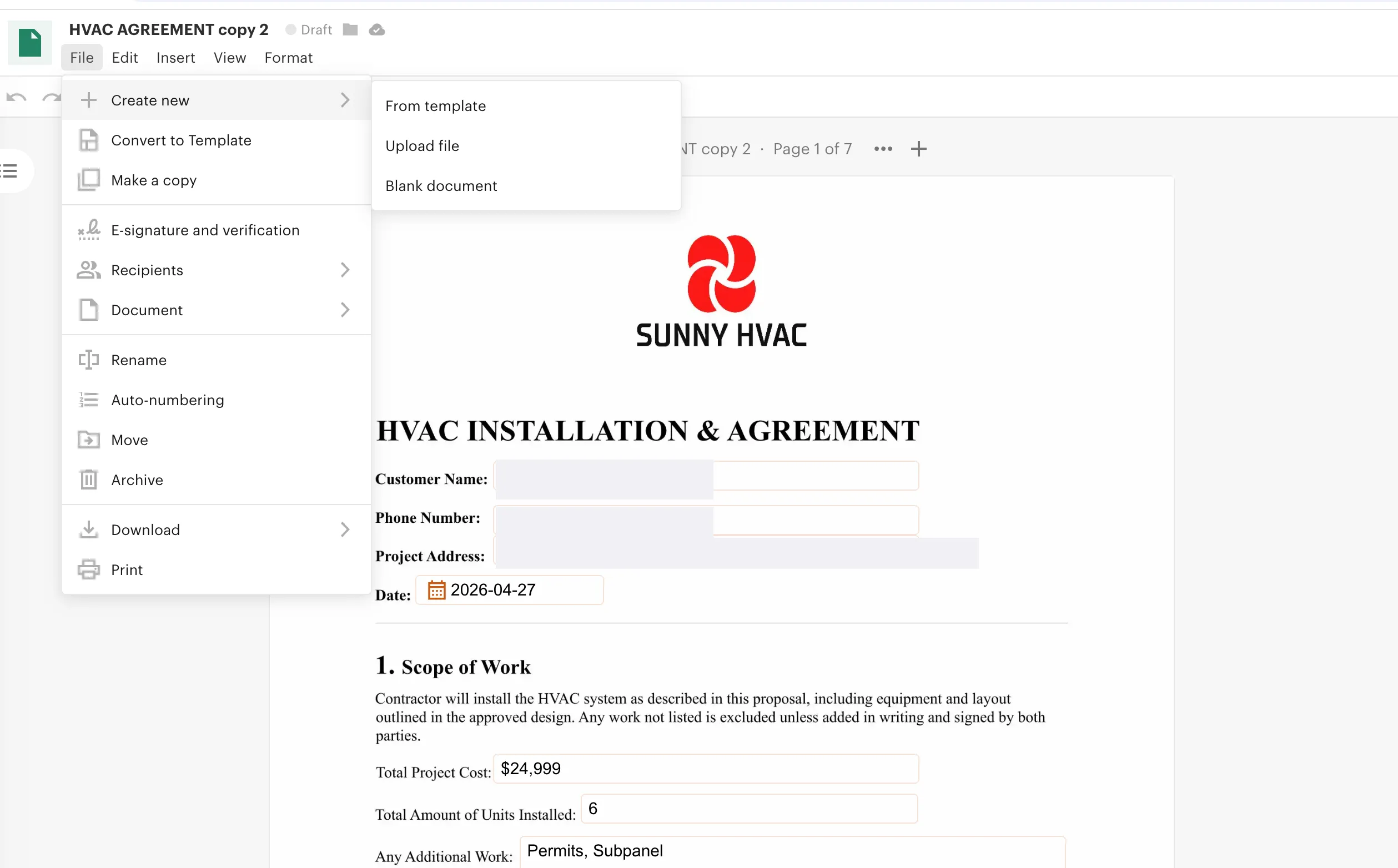 PandaDoc File menu open with the Create new submenu visible showing options including From template, Upload file, Blank document, with Make a copy highlighted as the way to clone the existing agreement.
