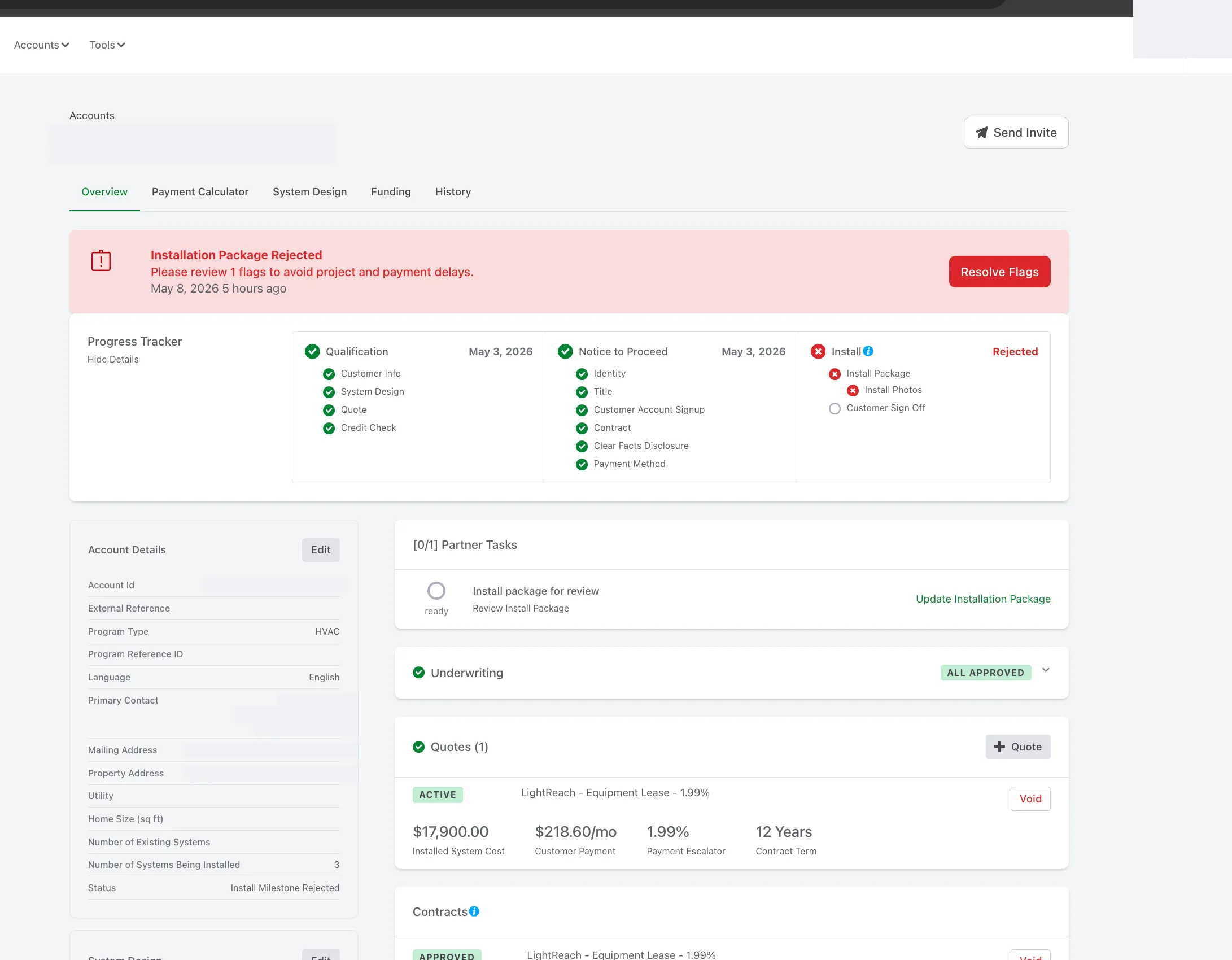 Palmetto Account Overview with a red 'Installation Package Rejected — Please review 1 flags to avoid project and payment delays' banner spanning the top, a 'Resolve Flags' red button on the right, and a Progress Tracker showing Qualification and Notice to Proceed checked green while Install is marked Rejected with red ❌ on Install Package and Install Photos. Status reads Install Milestone Rejected.