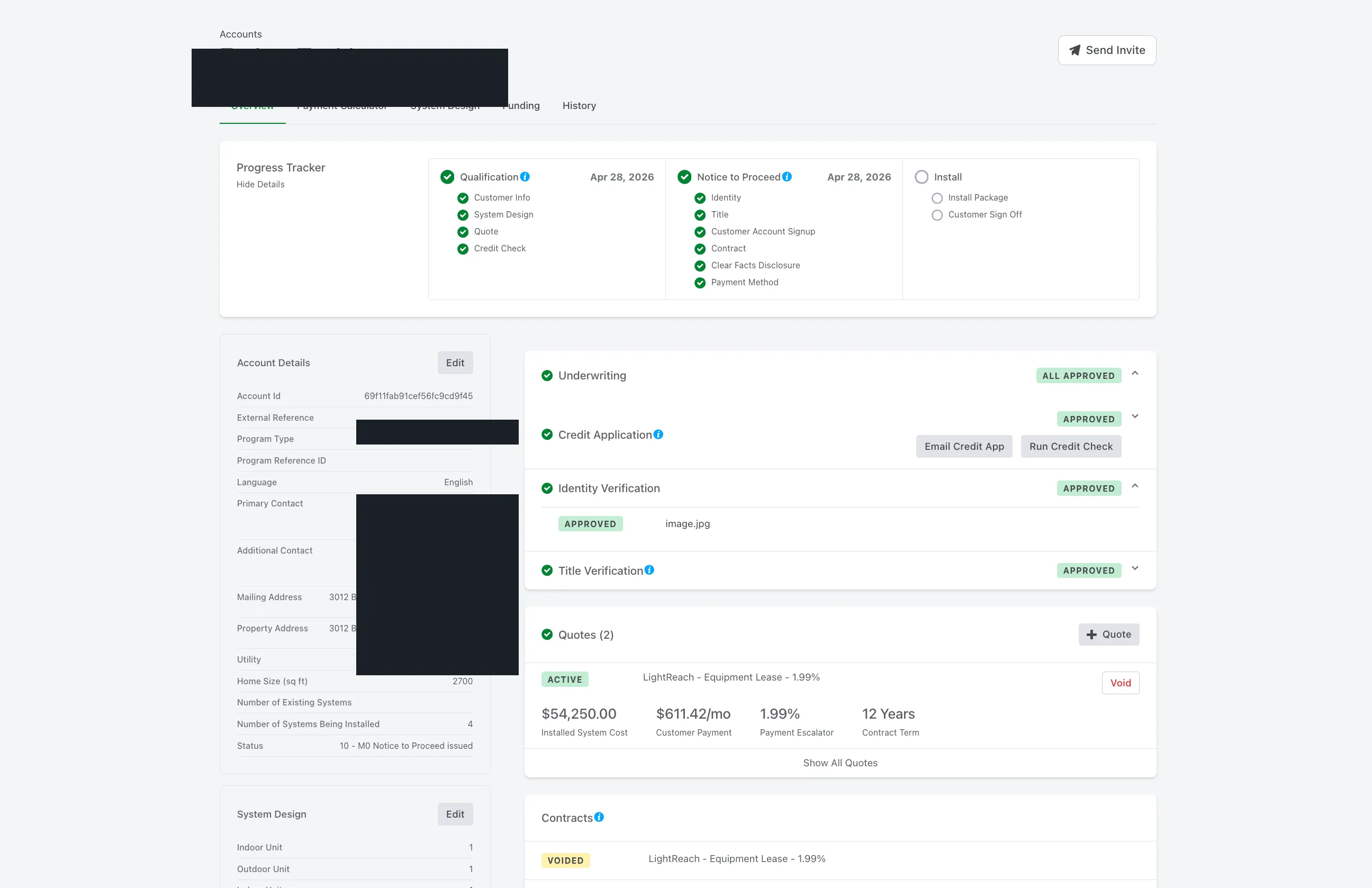 Account Overview showing Qualification approved, Notice to Proceed approved, Underwriting all approved, Credit Application approved, Identity Verification approved, Title Verification approved, and an active LightReach Equipment Lease quote at 1.99% / $611.42 per month / 12 years for $54,250.